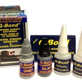 Bottles and boxes of Q-Bond adhesive products in various types and colors.